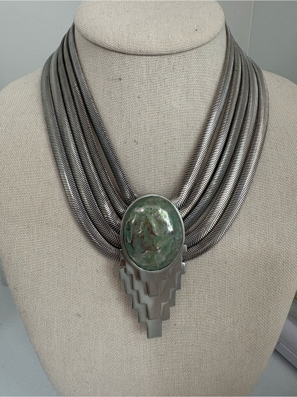 Les Bernard vintage necklace multi  strand silver tone snake chain front closure